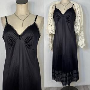 VNT Black Lace Slip Dress Midi Lace Trin Made in USA Lingerie Semi Sheer Goth